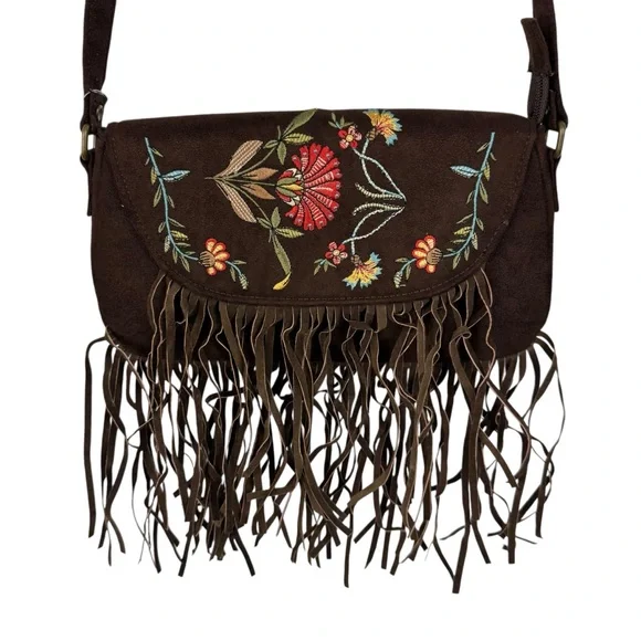 Boho Fringe Crossbody Bag Brown Suede Embroidered Floral Festival Hippie Purse - Picture 3 of 10